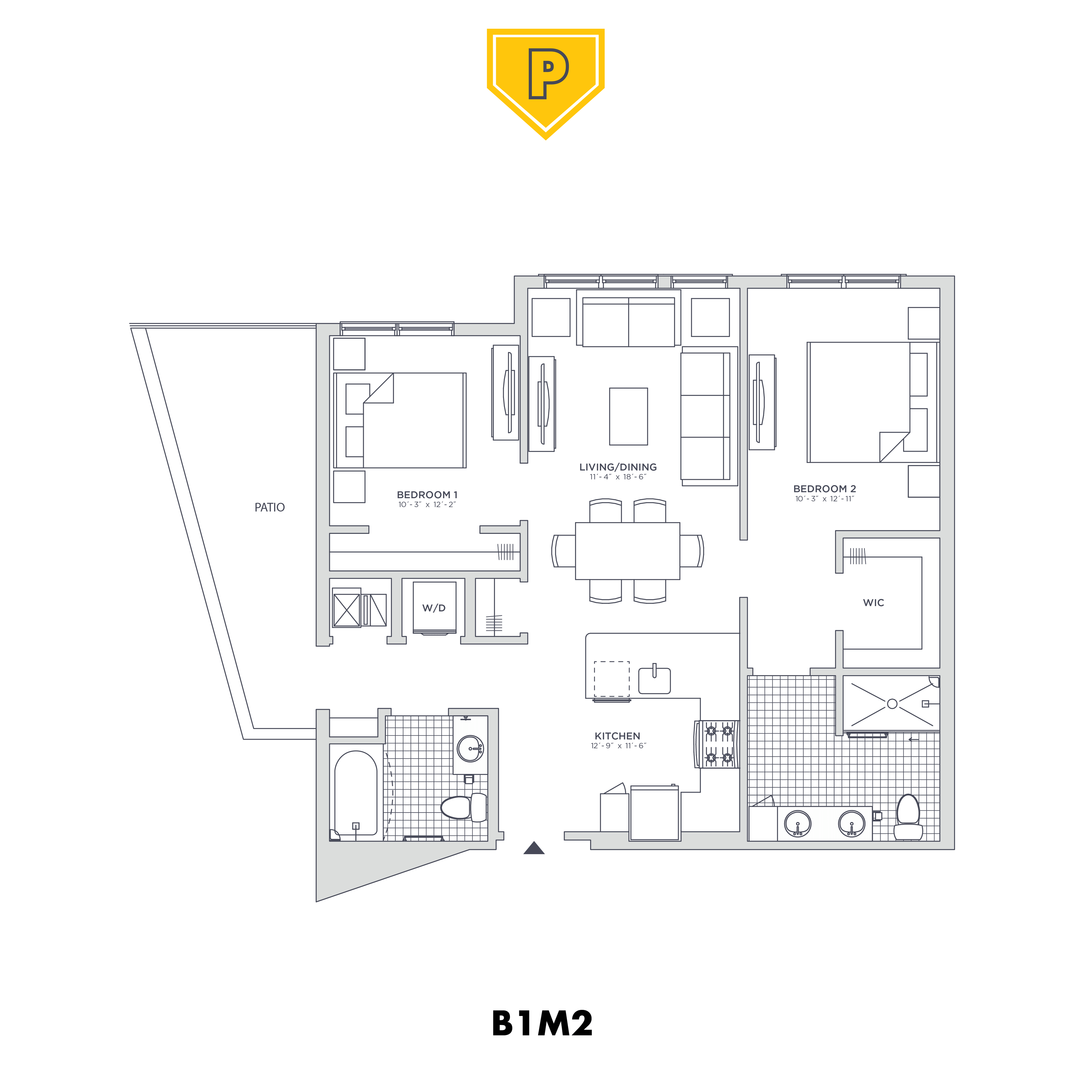 Floor plan for 2 beds, 2 baths, 965 sqft